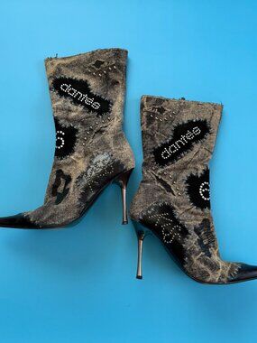 El Dantes SS06 Patchwork Linen Studded Stiletto Boots EU 38 Made in Spain Y2K